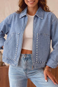 Beau Blue Studded Metal Zipper Rivet Pockets Long Sleeve Denim Jacket