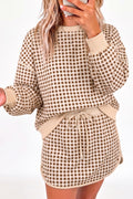 Brown Gingham Oversized Ribbed Trim Crew Neck Long Sleeve Top and Skort Set