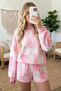 Light Pink Patchwork Floral Print Drop
Shoulder Baggy Pullover Drawstring Shorts Set