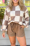 PREORDER Khaki Plaid Patchwork Colorblock Shift Round Neck Two-Piece Plus Size Set (Late August ETA)