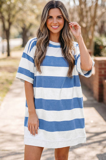 Blue stripe raw seam shoulder casual tee dress