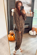 Brown Varsity Striped Trim Leopard Long
Sleeve Top Drawstring Pant Set