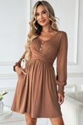 Chestnut Shirred Cuff Long Sleeve Button
Round Neck Mini Dress