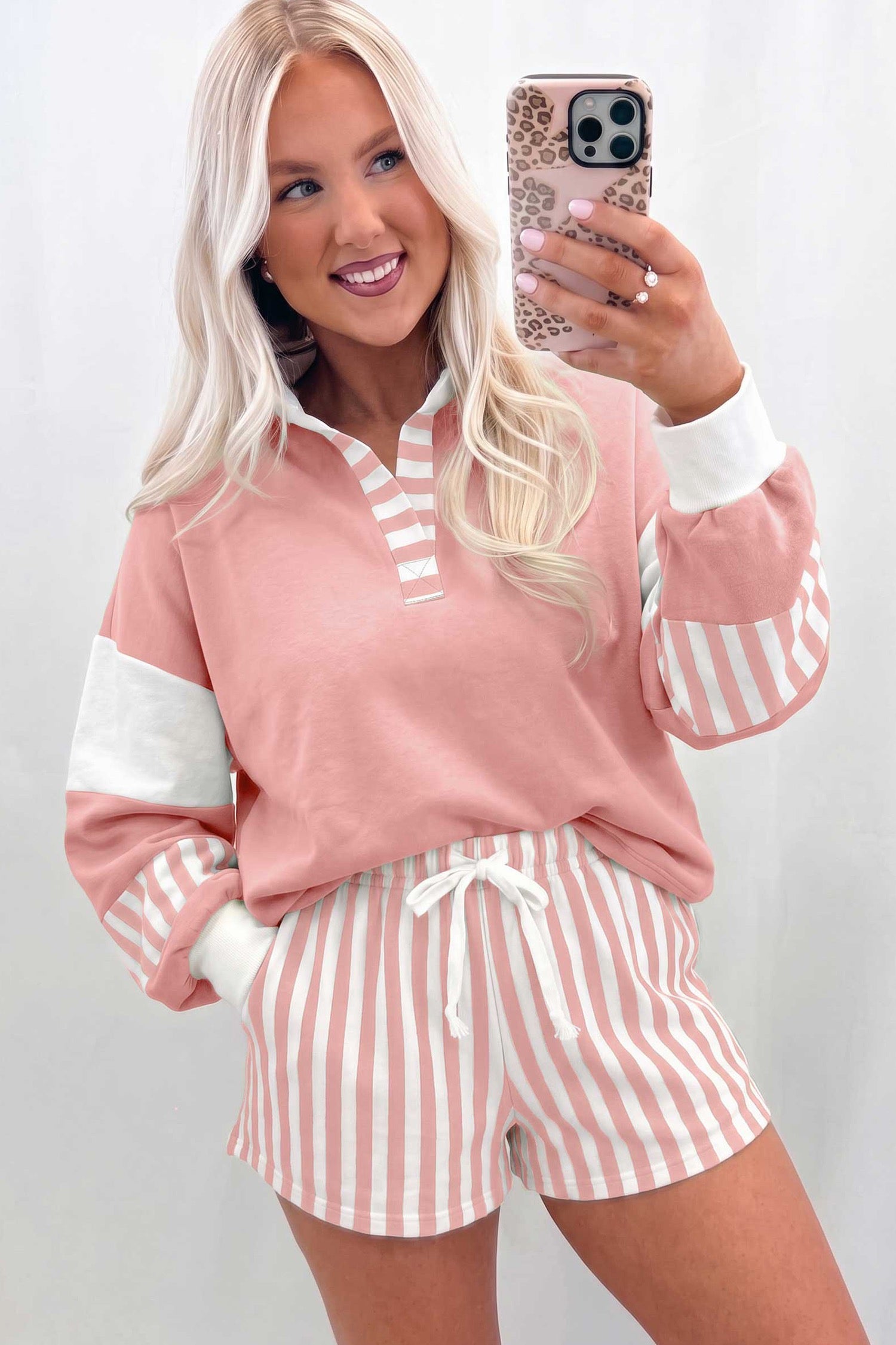 Gossamer Pink Striped Color Block
Pullover Top Drawstring Shorts Set