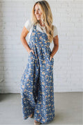 Blue Vintage Rose Printed Pleated Loose
Denim Overall Jumpsuit