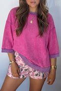 Strawberry Pink Mineral Wash Color Block
Trim Bracelet Sleeve Pullover Top