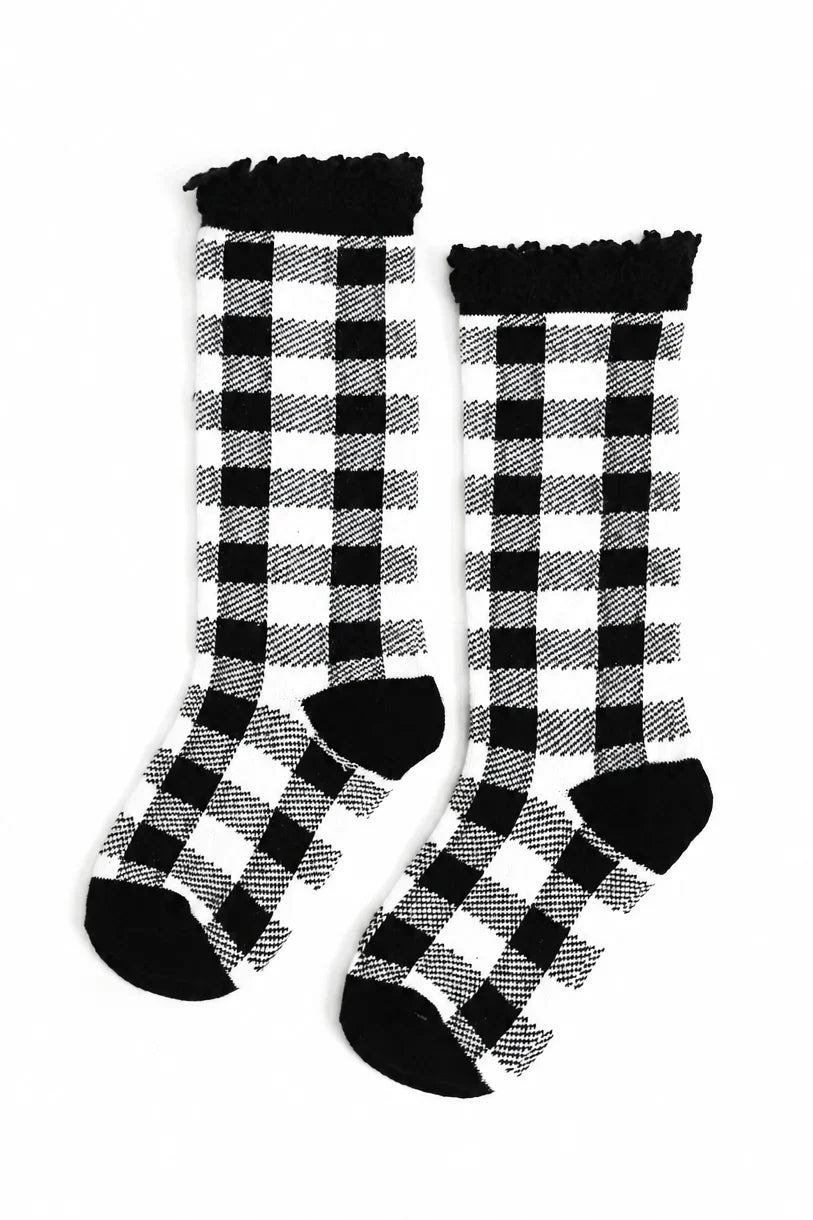 Buffalo Plaid Lace Top Knee High Socks