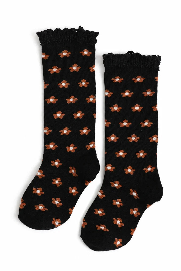 Black Floral Lace Top Knee High Socks