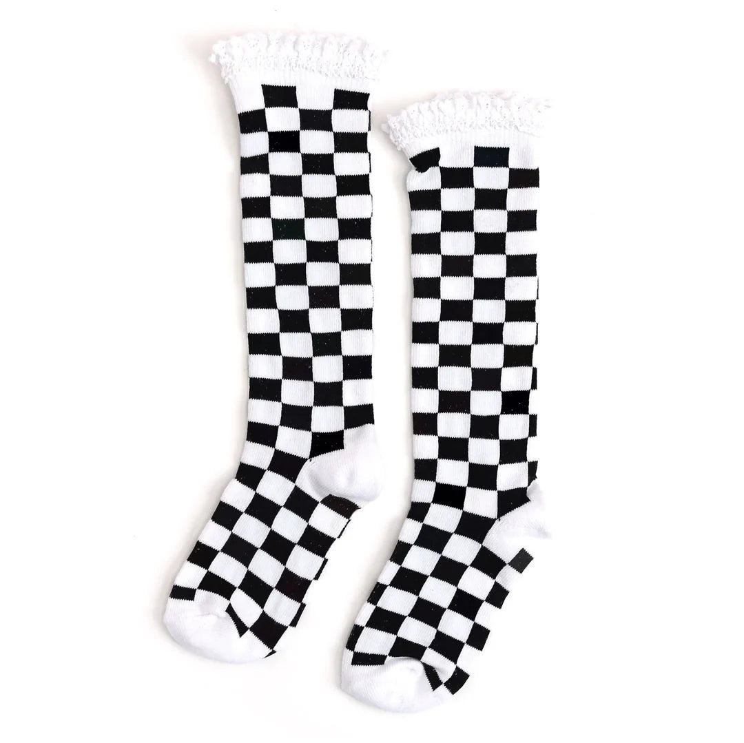 Checkered Lace Top Knee High Socks