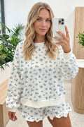 Sky Blue Floral Print Long Sleeve Top
Elastic Waist Ruffle Hem Shorts 2pcs Set