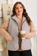 Brown Stripe Quilted Wavy Hem Snap Button Plus
Size Vest
