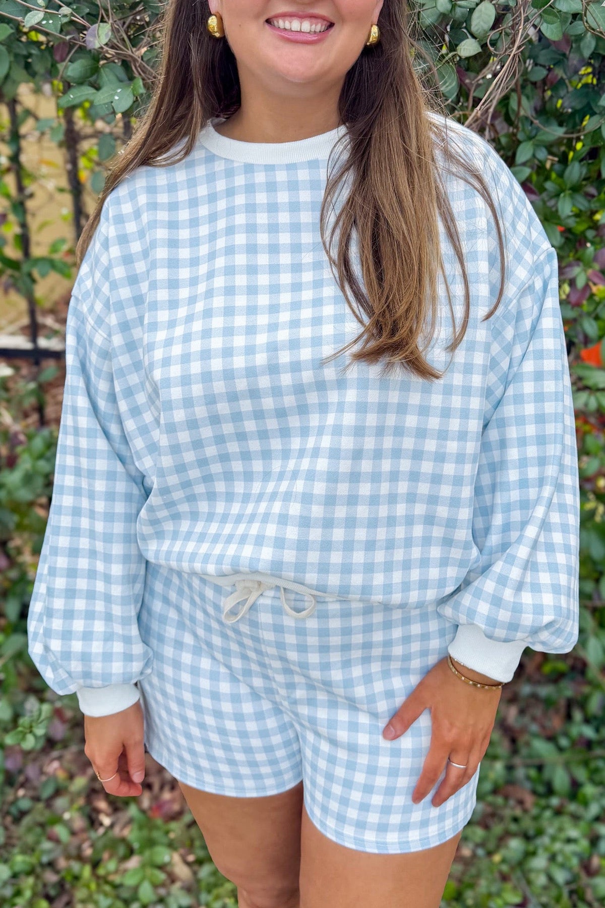 Sky blue plaid baggy pullover set