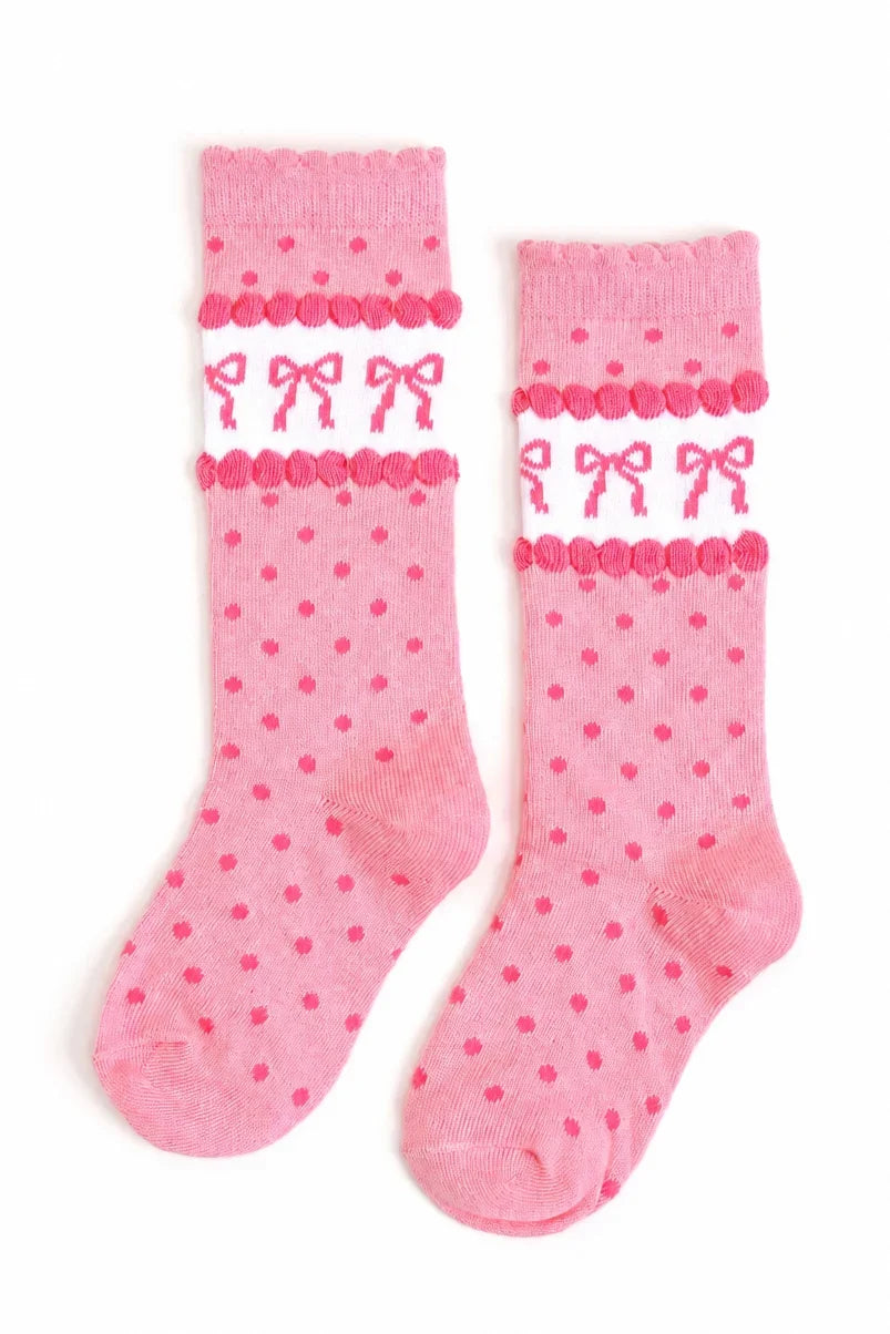 Pink Bow Scalloped Knee High Socks