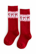Red & Pink Bow Scalloped Knee High Socks