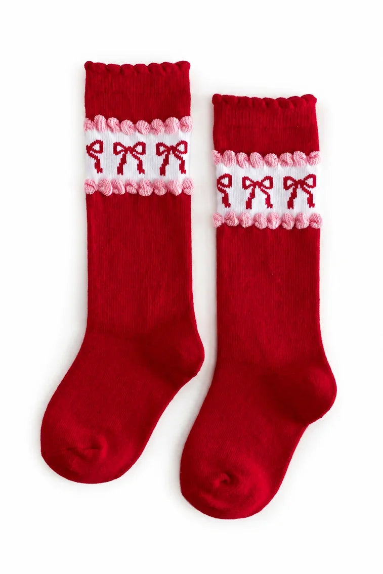Red & Pink Bow Scalloped Knee High Socks