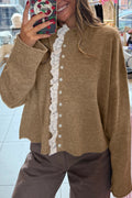 Simply Taupe Contrast Frilled Lace Trim Loose Cardigan Sweater