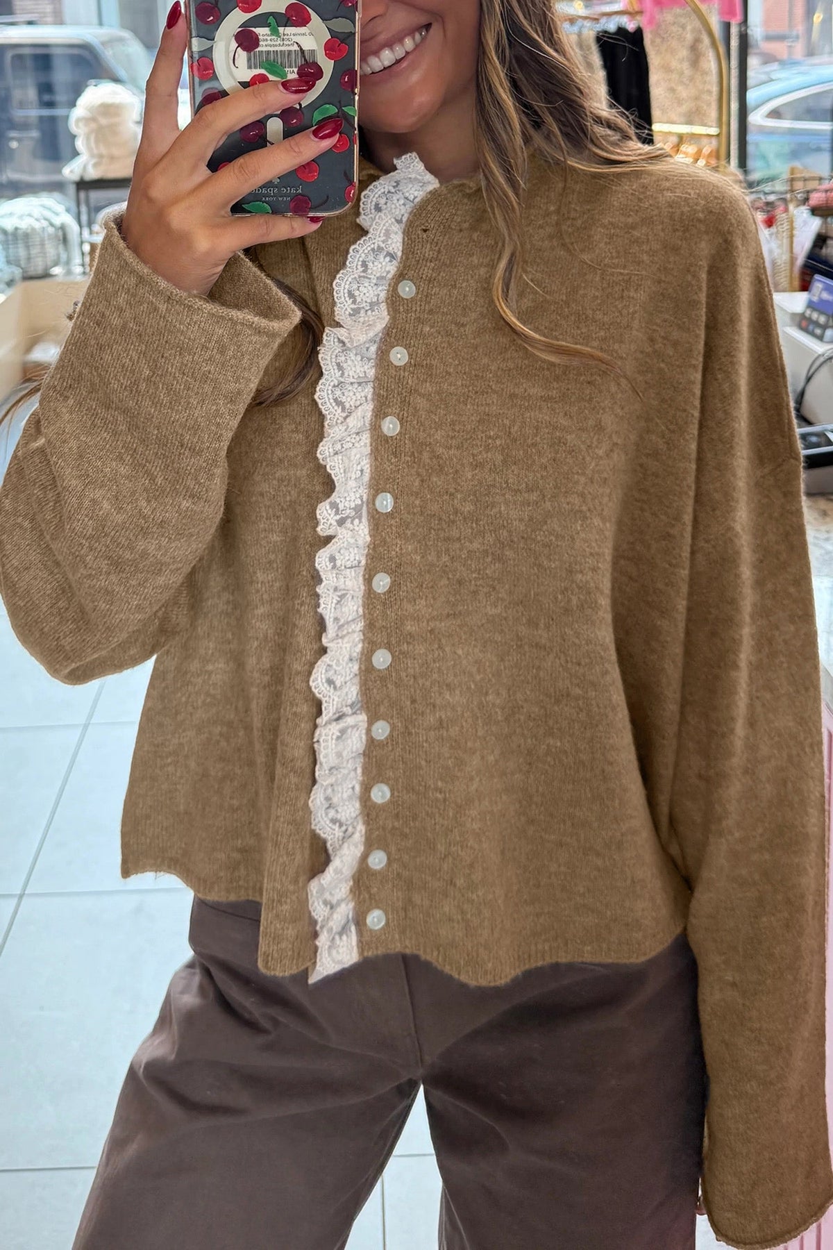 Simply Taupe Contrast Frilled Lace Trim Loose Cardigan Sweater